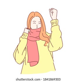 Happy women in winter clothes. Hand drawn character flat style.