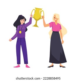 Happy women won golden trophy or cup, teamwork concept - flat vector illustration isolated on white background. People winning sports competition, symbol of success and achievements.