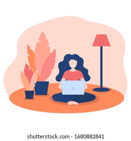 Happy women working at home with laptop in comfortable position. Concept of home office during coronavirus quarantine. Female freelance character sitting in yoga pose at carpet near plants in pots.