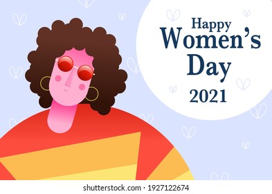 Happy Women's Day 2021. Woman with curly hair isolated portrait wearing sunglasses and striped sweater.