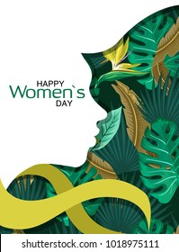 Happy Women's Day. 8 march. Elegant greeting card design with illustration of young girl against a background of tropical leaves. Negative space – trend.