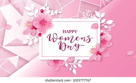 Happy women's day. 8 March vector illustration with cherry blossoms on pink background.