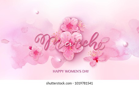 Happy women's day. 8 March vector illustration with cherry blossoms on pink background.