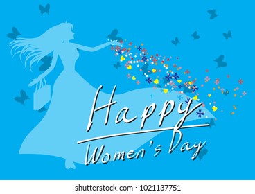 happy women's day 8 march blue butterfly with long dress and shopping bag on blue background sillouette