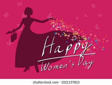 happy women's day 8 march pink butterfly  women short hair  long skirt with shopping bag on pink background sillouette