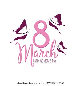 Happy Women's Day 8 March Floral Greeting card Illustration pink with butterflies.vector for greeting card, invitation, banner etc.  International Women's Day on white background.