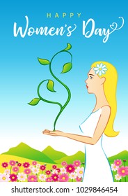 Happy Womens Day 8 March, beautiful woman greeting card. Vector illustration for the International Women`s Day with text and beautiful women on spring background