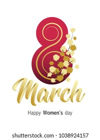 Happy Women's day. 8 March greeting card with elegant golden Handwritten Script and mimosa. Vector illustration.