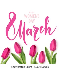 Happy Women's day. 8 March calligraphy text with pink tulip isolated on white background. International Womens day 8 march design template. Vector illustration