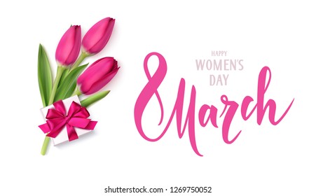 Happy Women's day. 8 March calligraphy text with pink tulip and decorative gift box with pink bow. International Womens day 8 march design template. Vector illustration