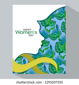 Happy Women's Day. 8 march. Elegant greeting card design with illustration of young girl against a background of tropical leaves. Negative space – trend.