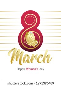Happy Women's day. 8 March greeting card with elegant golden Hand lettering, butterfly and rhinestones. Vector illustration.