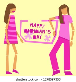 Happy Women's Day (8 March). Paper cut pink girl figures on light background. Vector illustration for greeting cards, banners, posters, prints.