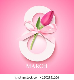 Happy Women's Day. 8 march concept. Eight with pink tulip and decorative bow. Vector illustration