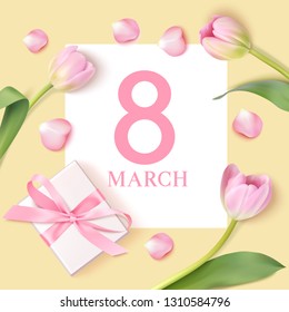 Happy Womens Day. 8 March design template. Decorative number with gift box and pink tulip flowers. Vector illustration