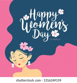 Happy Women's Day - 8 march. Hand drawn woman with long hair in flat vector illustration. 