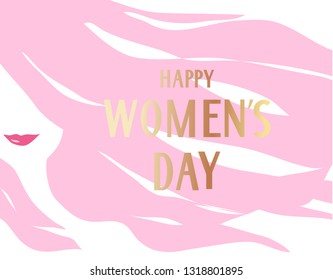 Happy Womens Day. 8 march holiday card with woman silhouette and greeting text. Girl with long hair. Vector illustration