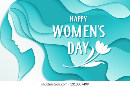 Happy Womens Day. 8 march holiday card with woman silhouette and greeting text. Girl with long hair. Vector illustration