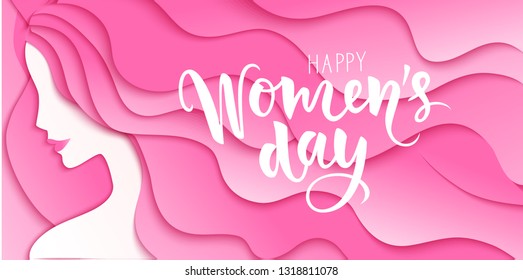 Happy Womens Day. 8 march holiday card with woman silhouette and greeting text. Girl with long hair. Vector illustration