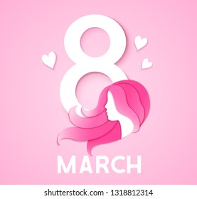 Happy Womens Day. 8 march holiday card with woman silhouette and greeting text. Girl with long hair. Vector illustration