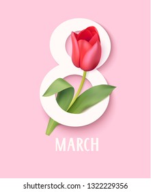 Happy Womens day. 8 march symbol with red tulip on pink background. Vector illustration