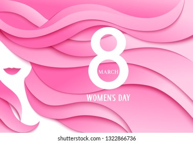 Happy Womens Day. 8 march design template with woman face and greeting text. Girl with long pink hair. Vector illustration