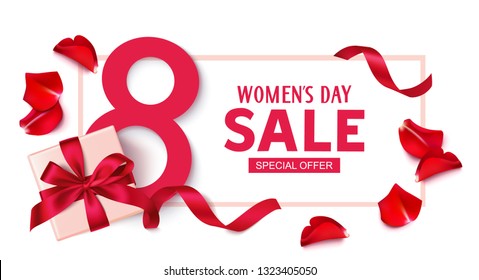 Happy Womens Day. 8 March sale design template. Decorative gift box with roses. Vector illustration