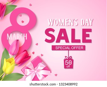 Happy Womens Day. 8 March sale design template. Decorative gift box with spring tulips. Vector illustration