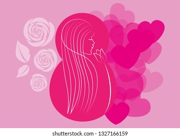Happy Womens Day. 8 march holiday card with woman silhouette. Girl with long hair. Vector illustration