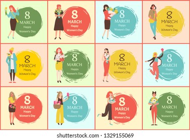 Happy womens day, 8 March in colorful round, postcard set decorated by girl with bouquet of flowers, full length view of females with flavor vector