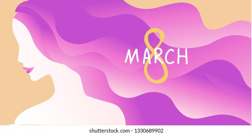 Happy Womens Day. 8 march holiday card with woman silhouette and greeting text. Girl with long hair. Vector illustration