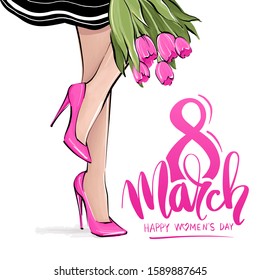 Happy women's day! 8 March. Cute card and poster for the spring holiday. Beautiful girl in high heels. Female legs in shoes. Cute girly design.