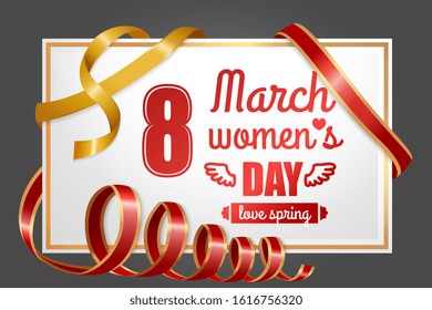 Happy womens day 8 March international holiday postcard decorated by ribbon and bow in red color. Congratulation banner set for female with flower symbols, invitation or greeting poster vector