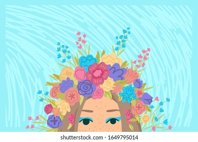 Happy women's day. 8 march. Woman portrait with wreath of flowers in hair. Spring time. Hand drawn lettering. Design for card, flyer or poster. Cosmetics shop, beauty salon. Vector illustration