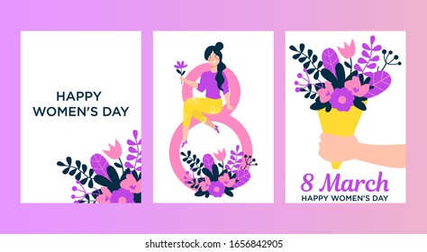 Happy women's day. 8 March. Woman with  a flower and gifts.