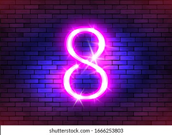 Happy womens day. 8 march in pink neon circles with glow. Greeting card for International womens day design. Bright banner on dark blue brick wall background. Neon illustration with spot lights