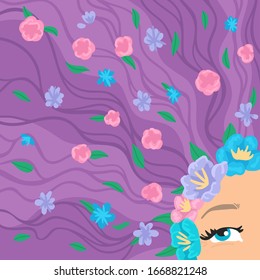 Happy women's day. 8 march. Woman portrait with flowers in hair. Skin and hair care. Design for card, banner, flyer or poster. Cosmetics shop, beauty salon. Vector illustration concept