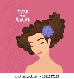 Happy women's day. 8 march. Woman portrait with flower in hair. Time to relax. hand drawn lettering. Design for card, banner, flyer or poster. Cosmetics shop, beauty salon. Vector illustration concept