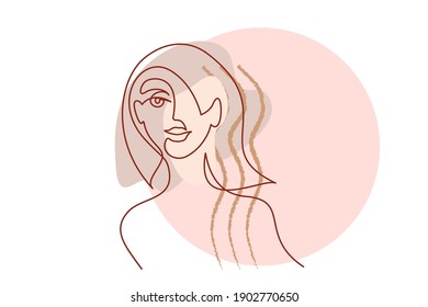 Happy Women's day 8 March card. Abstract portrait of woman with color spots, heart and flowers. Continuous one line drawing. Vector illustration.