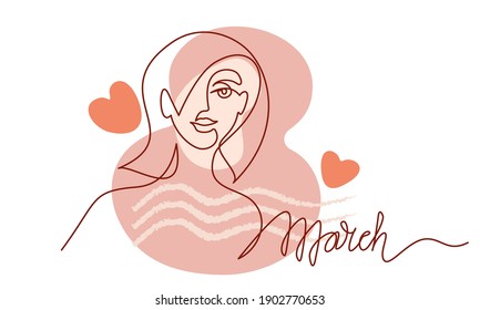 Happy Women's day 8 March card. Abstract portrait of woman with color spots, heart and flowers. Continuous one line drawing. Vector illustration.