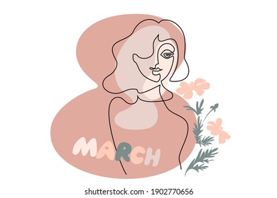 Happy Women's day 8 March card. Abstract portrait of woman with color spots, heart and flowers. Continuous one line drawing. Vector illustration.