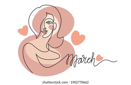 Happy Women's day 8 March card. Abstract portrait of woman with color spots, heart and flowers. Continuous one line drawing. Vector illustration.