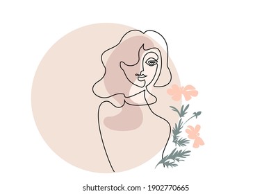 Happy Women's day 8 March card. Abstract portrait of woman with color spots, heart and flowers. Continuous one line drawing. Vector illustration.