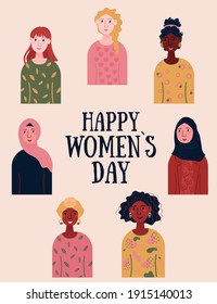 Happy Women's Day. 8 March. Bundle of young women different nationality, Afro American, Arabian, European. International Woman day, diversity group of people. Muslim Female in hijab.