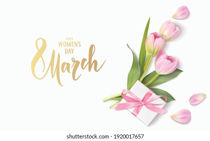 Happy Womens Day. 8 March design template. Calligraphic lettering text with decorative gift box and tulip flowers. Vector illustration	