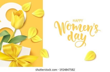 Happy Womens Day. 8 March design template. Calligraphic lettering text with decorative gift box and yellow tulip flower. Vector stock illustration	