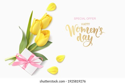 Happy Womens Day. 8 March design template. Calligraphic lettering text with decorative gift box and yellow tulip flowers. Flat lay. Vector stock illustration