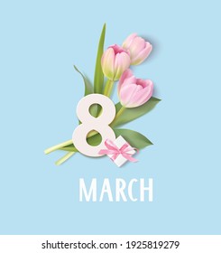 Feliz Día de la Mujer. Plantilla de diseño del 8 de marzo. Blanco número 8 con una caja de regalo decorativa y flores de tulipán rosado. Ilustración del vector	