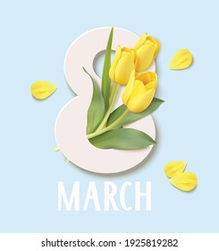 Happy Womens Day. 8 March design template. Number 8 with yellow tulip flowers and flower petals. Vector illustration	