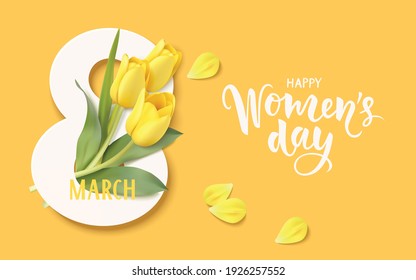 Happy Womens Day. 8 March design template. Calligraphic lettering text with decorative gift box and yellow tulip flowers. Flat lay. Vector stock illustration